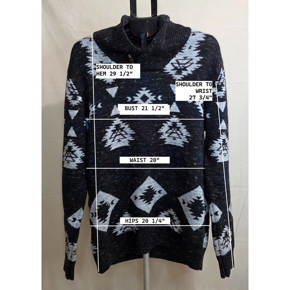 Trash Nouveau Shawl Collar Pullover Sweater — Black & Gray Aztec Knit — XL 2000s - Picture 3 of 11
